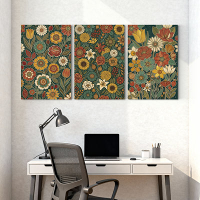 Plantes et fleurs, motif floral avec couleurs vives et feuilles, ensemble de 3 impressions sur toile