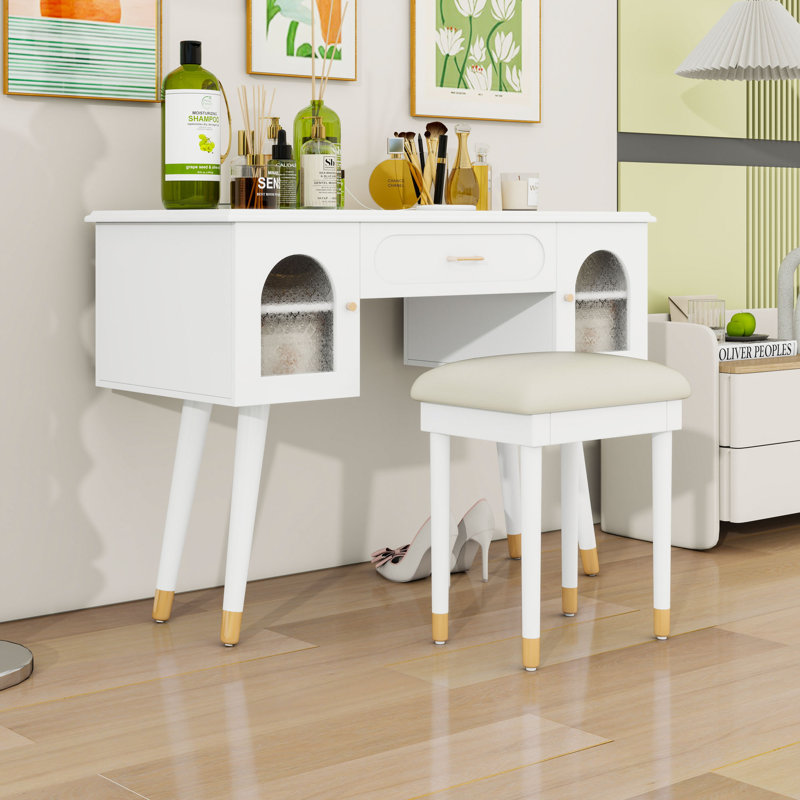 Makeup Vanity Set with Dressing Table, Cushioned Chair and Built-in Charging Ports, White