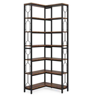 78.74 Inch Tall 7 Tier Industrial Corner Bookshelf with Wood Shelves and Metal Frame