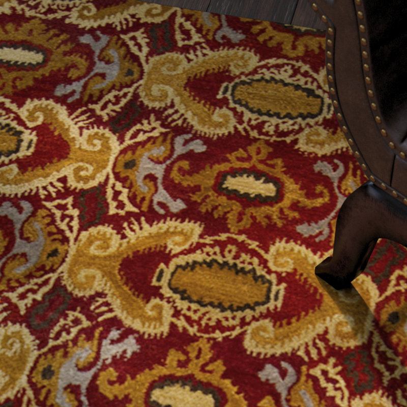 Tapis d'intérieur Donik authentique, fait main, tufté à la main, en laine et viscose, motif ikat damassé bordeaux, or, jaune, orange et marron
