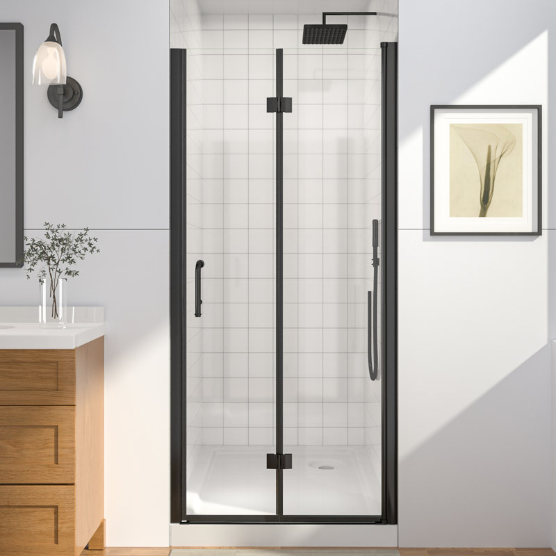 34-36 in.W x 72 in.H Bifold Frameless Glass Shower Door, Folding Frameless Shower Door, Black