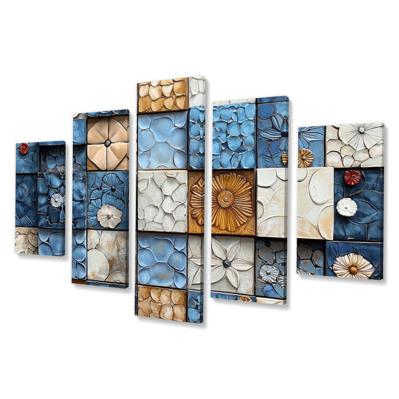 Abstract Blue and White Rhythms Tiles - Ensemble de salon mural abstrait