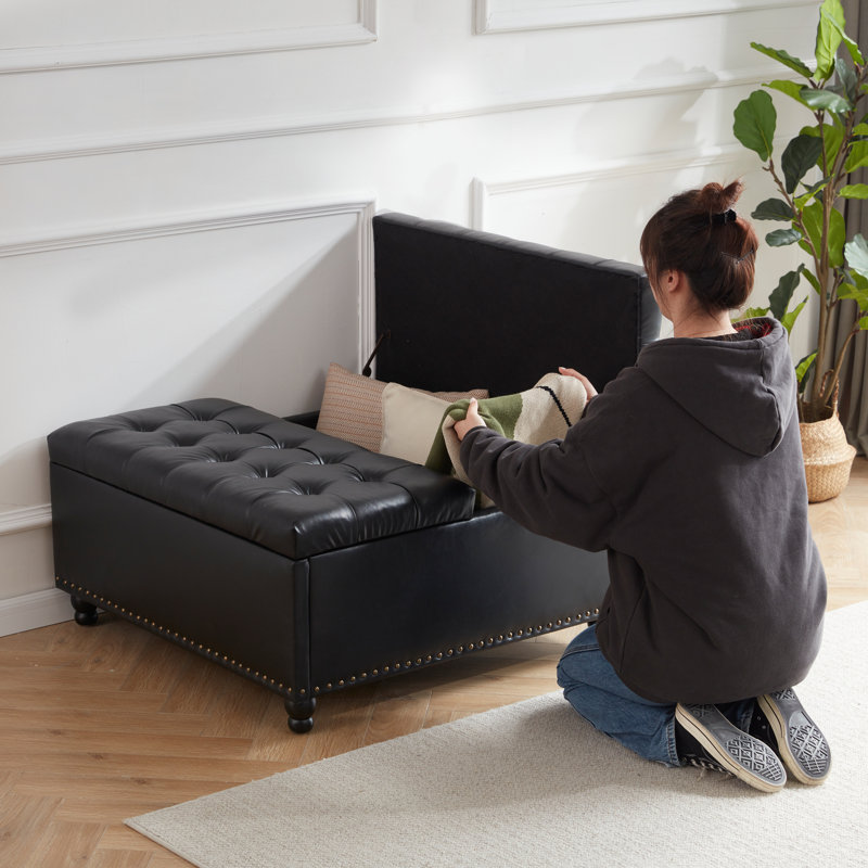 Delmontez 35.5'' Upholstered Storage Square Ottoman, Black Performance Faux Leather