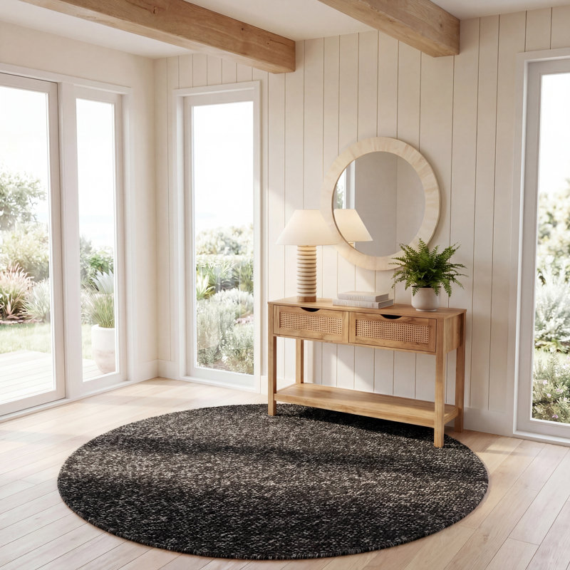 Natura 425 Handwoven Wool/Cotton/Polyester No Pattern Indoor Use Only Rug in Black/Gray, Round 6'