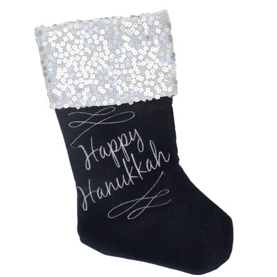 19" Navy Blue and Silver "Happy Hanukkah" Sequin Cuff Embroidered Stocking