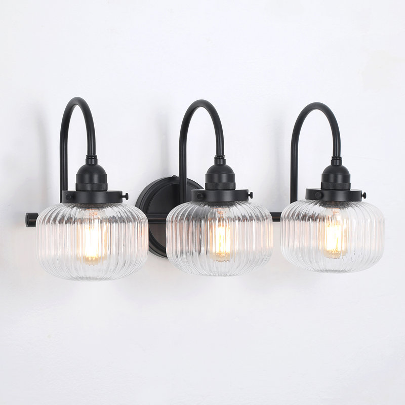 3-Light Vanity Light Spherical Glass Bathroom Wall Sconces, Matte Black