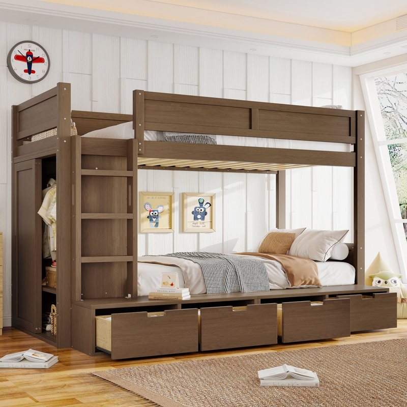 Twin/Twin XL Over Twin/Full Solid Wood Bunk Bed with Built-In Wardrobe and 4 Drawers, Vintage Brown