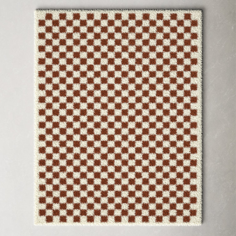Walker Checkered Burnt Orange/Cream Shag Area Rug