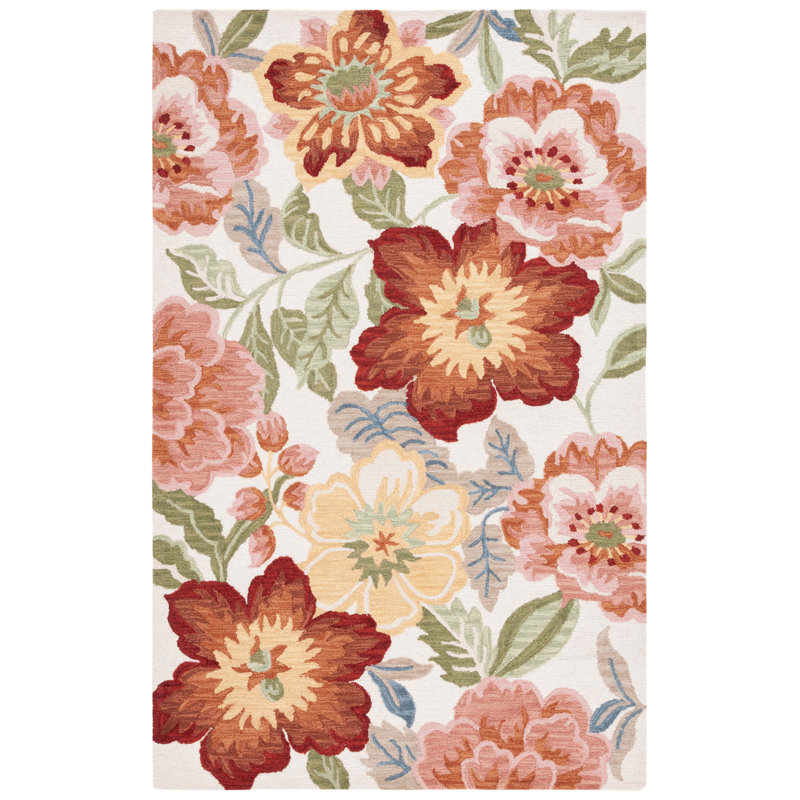 Ivory and Pink Floral Handmade Wool Area Rug, 5' x 8'