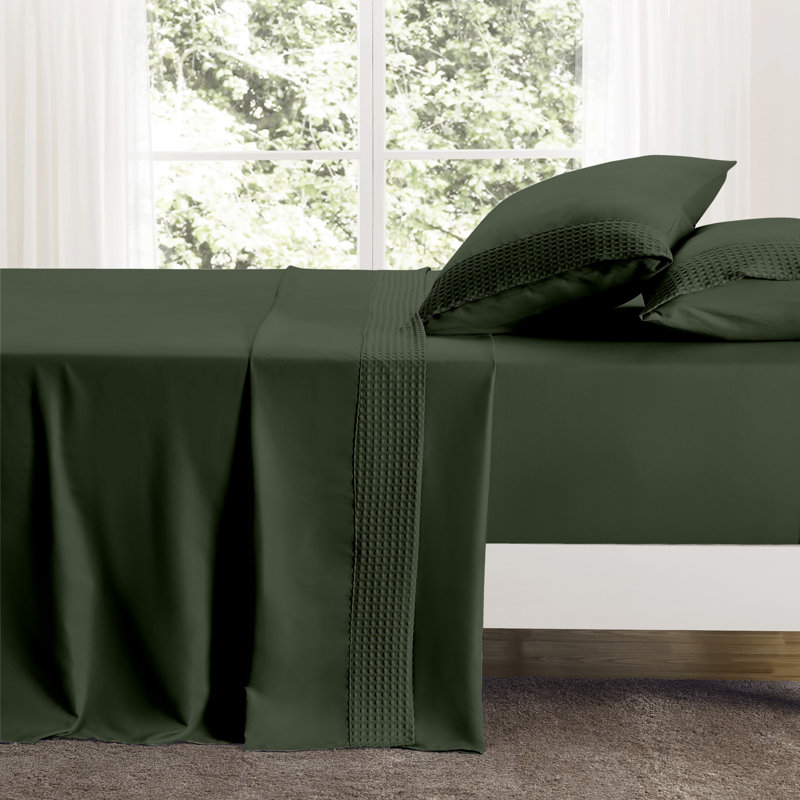Bamboo 4 Piece 1800 Thread Count Waffle Hem Sheet Set, Full, Sage
