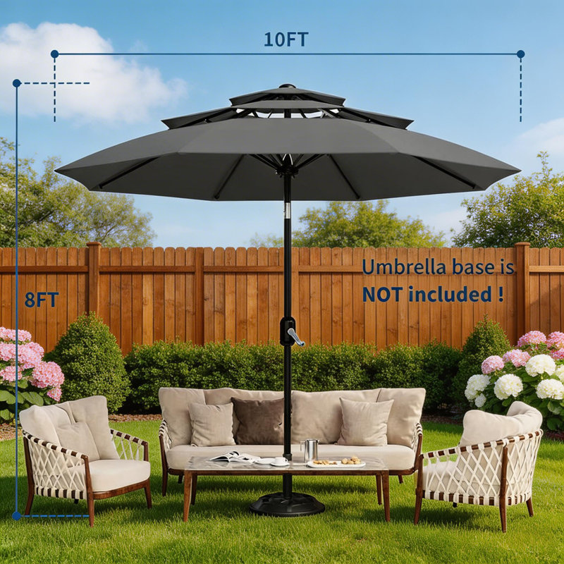 Parasol de patio à 3 niveaux 10 pi avec évents, manivelle et inclinaison faciles, Gris