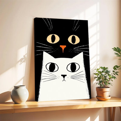 Illustration rétro vintage en noir et blanc d'un visage de chat, grande toile tendue sur châssis pour salon ou chambre.