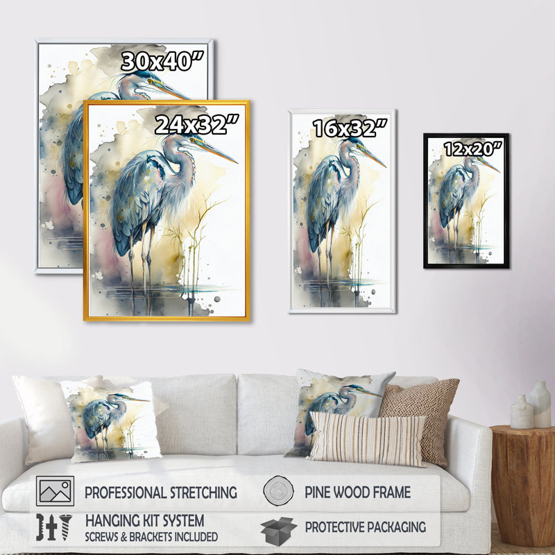 Héron au bord de l'eau, aquarelle III - héron, art mural, H 32 po x l 24 po x P 1 po, Toile avec cadre flottant or