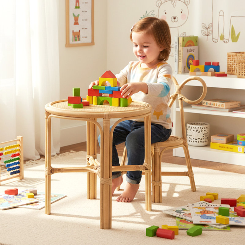 Rattan Kids Table Sets With Backrest For Playroom/Kids Room/Bedroom, Table, Chair