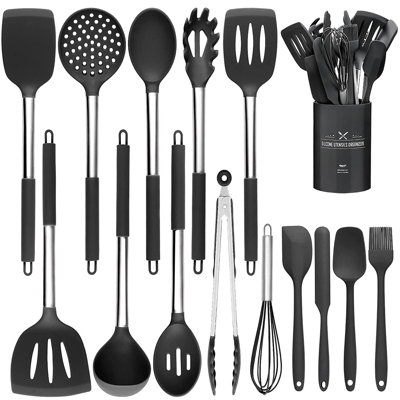 Ensemble de 15 ustensiles de cuisine en silicone, acier inoxydable, résistant à la chaleur antiadhésif, noir