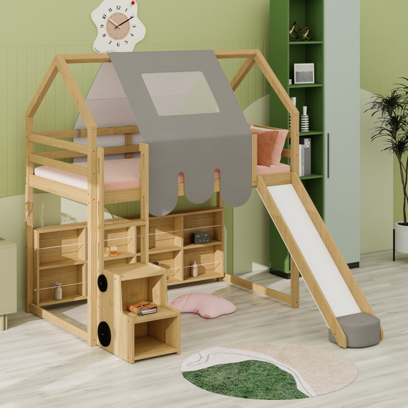 Structure de lit en mezzanine avec tente, Naturel / Beige, Lit simple
