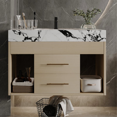 29.9" Modern Floating Bathroom Vanity With Sintered Stone Top Ceramic Undermount Sink Wall-Mounted For Small Bathrooms, Apartment