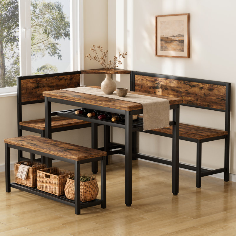 Corner Dining Table Set with L-Shaped Bench and Straight Bench, Space-Saving Breakfast Nook Set with Storage Shelves
