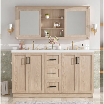 Meuble-lavabo double de salle de bain Viedo de 150 cm avec lavabo en SMC, 4 portes et 3 tiroirs, armoire en MDF à grain de bois moderne avec étagères réglables, portes et tiroirs à fermeture douce
