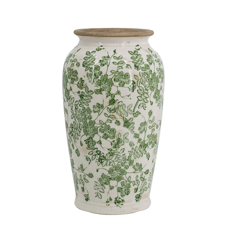 White Ceramic Flower Vase With Green Floral Pattern