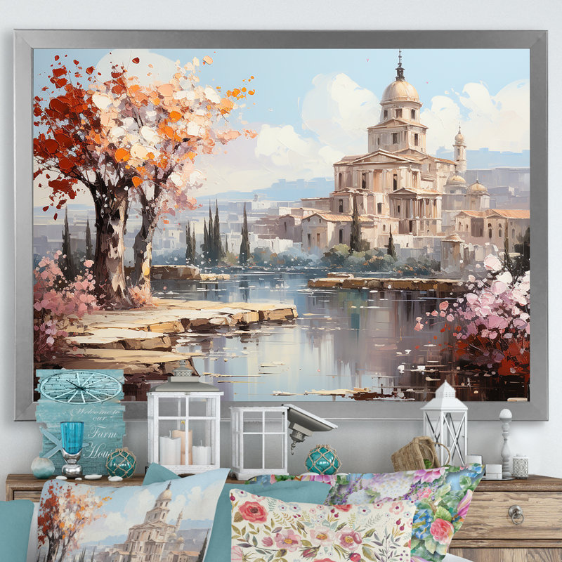 «Springtime Roman Empire Landscape 3», art mural Italie, Cadre de coin argenté fermé, H 16 po x l 32 po x P 1 po