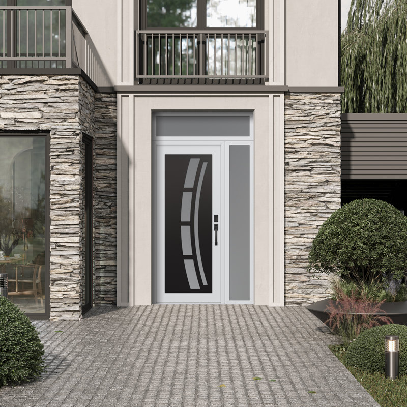 C12 à gauche 50 po X 96 po Panneau de porte en verre givré blanc et blanc à panneau avec porte d'entrée avant en verre givré Sidelite et traverse