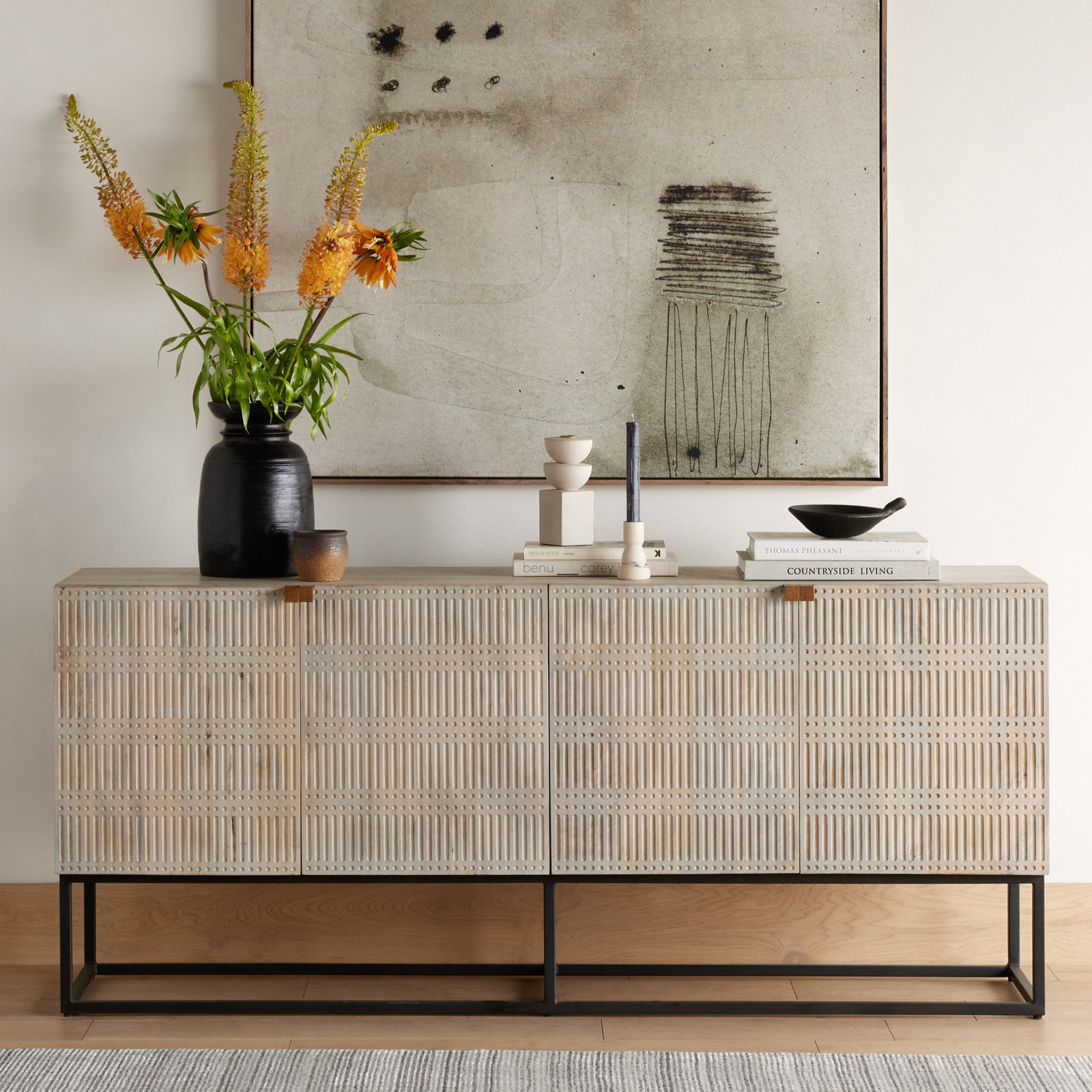 Elle Mango Sideboard, Light Wash Carved Mango