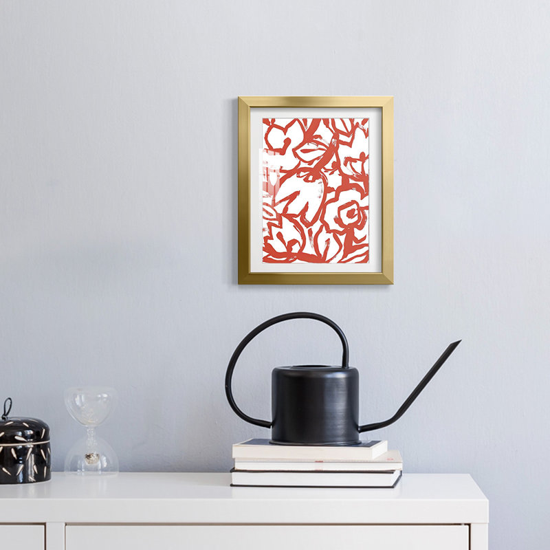 «Red Brush Floral I», impression encadrée, H 25,5 po x l 17,5 po, Doré