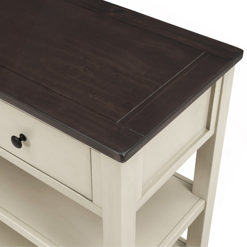 Console rétro avec deux tablettes ouvertes, structure en bois de pin massif et pieds pour le salon, Brun / Beige