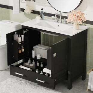 Modern Bathroom Vanity with Ceramic Sink, Durable MDF, and Overflow Protection for Small to Medium Spaces