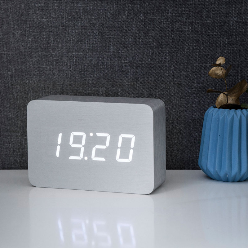 Sleek & Chic Modern Digital Birch Solid Wood Electric Alarm Tabletop Clock, Aluminium/White