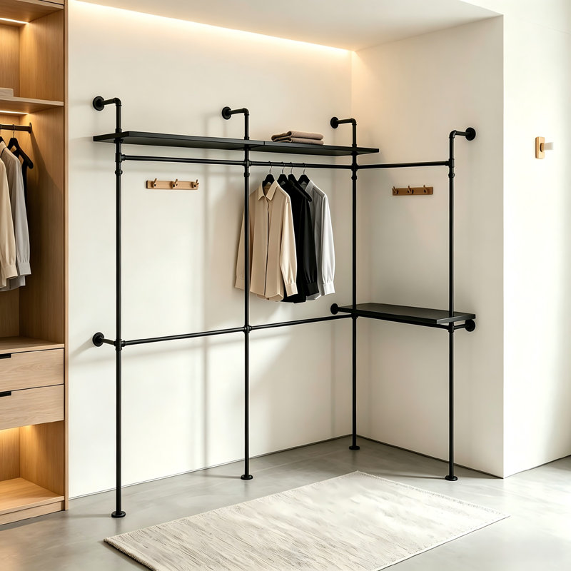 Portant à vêtements tubulaire industriel rabattable, 3 m (118,3 po), robuste, système de garde-robe avec éclairage DEL et étagères, noir, ensemble de 3 pièces