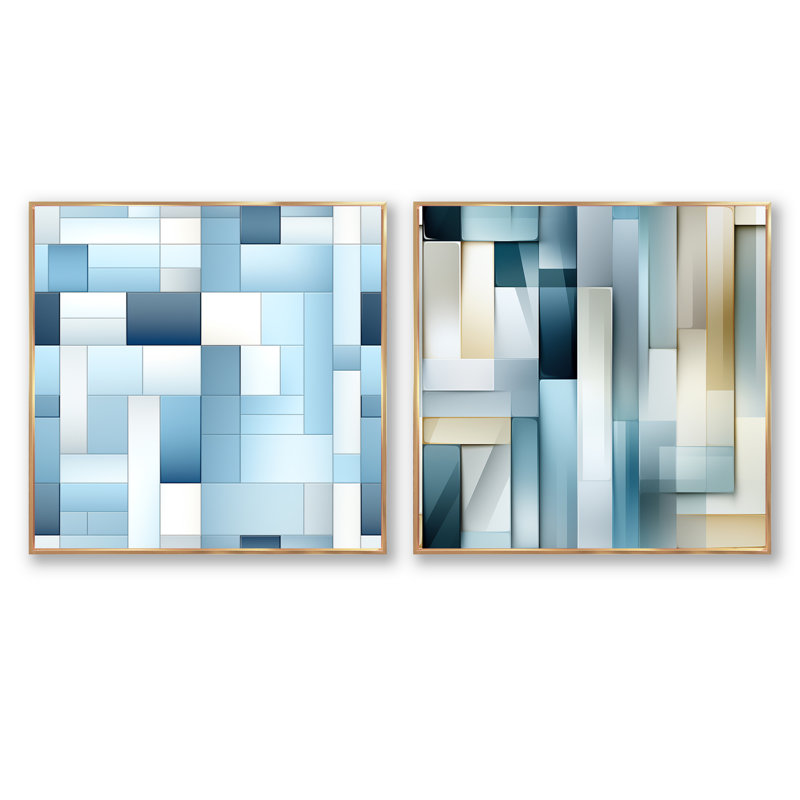 Clennon - Ensemble de 2 collages de formes carrées abstraites, Cadre flottant doré, H 36 po x l 73 po