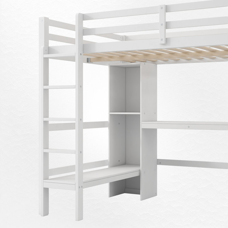 Lit mezzanine double avec bureau intégré et tablettes, Blanc