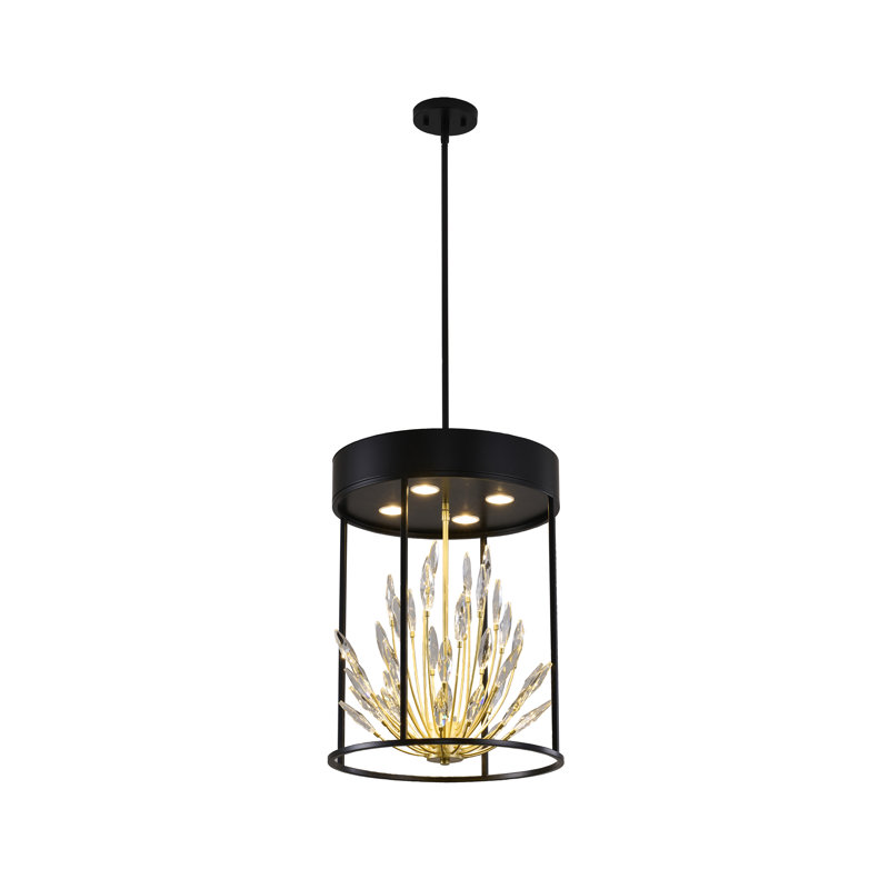 Luminaire suspendu 4 lumières noir mat avec branches dorées et cristaux transparents