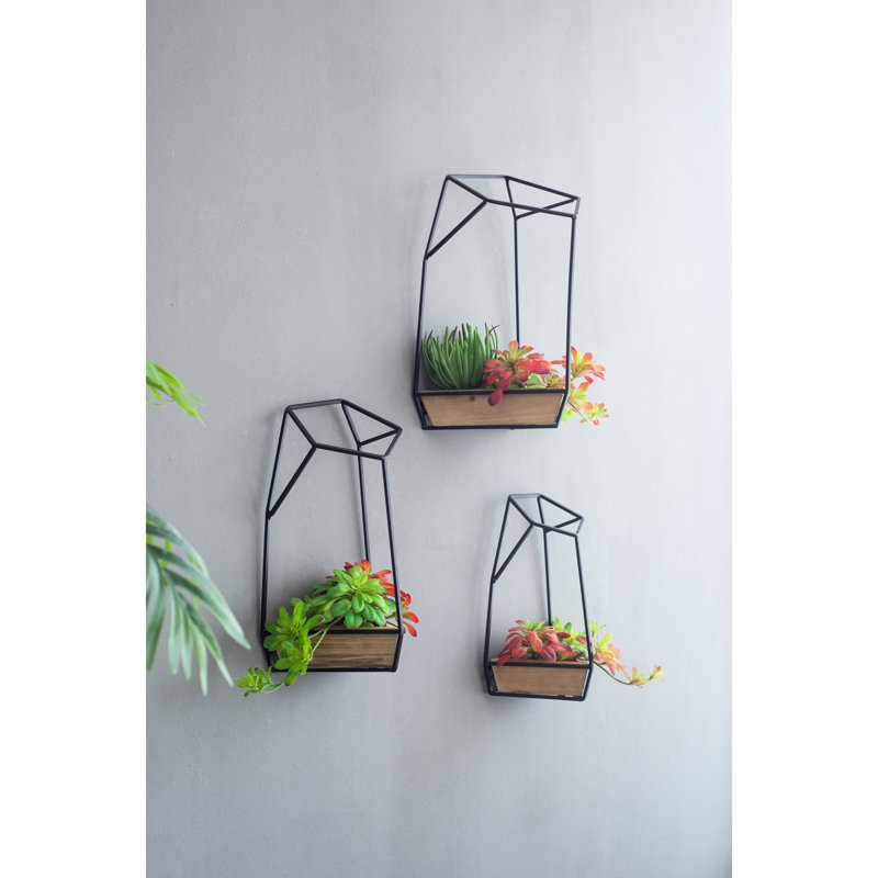 Jardinière murale trois pièces en fer noir et bois de sapin géométrique, idéale pour les points focaux décoratifs d'intérieur