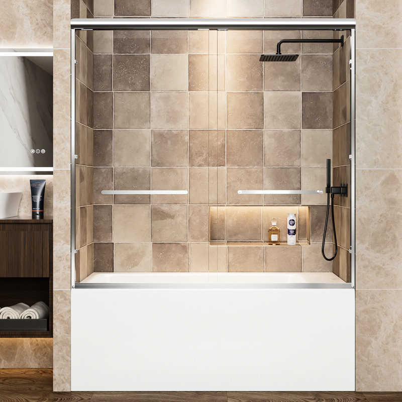 Double porte de douche coulissante, configuration surdimensionnée de l 60 po x H 57 po, cadre en aluminium pour une utilisation à long terme, verre trempé de 1/4 po de largeur et fermeture en douceur de 1/4 po, installation réversible dans les petites salles de bain