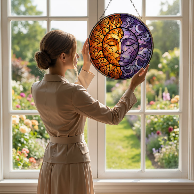 Panneau de vitrail 12 "H Sun and Moon, H 12 po x l 12 po