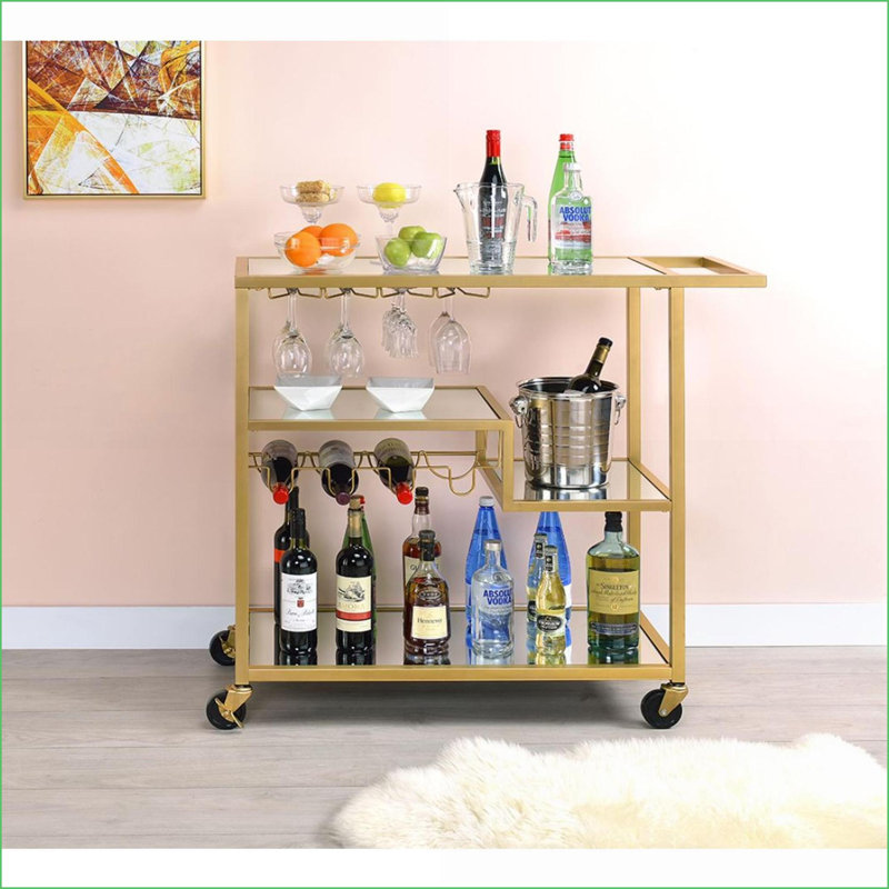 Chariot de service avec rangement, support à vin et amp; Tablettes en miroir | Cadre métallique champagne