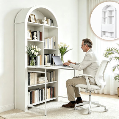 Bookshelf with Fold out Desk: 70.86"Arched Bookcase with Storage,2-in-1 Furniture,Convertible Hideaway Desk to bookshelf,convertible folding desks for Small Spaces - for Home Office