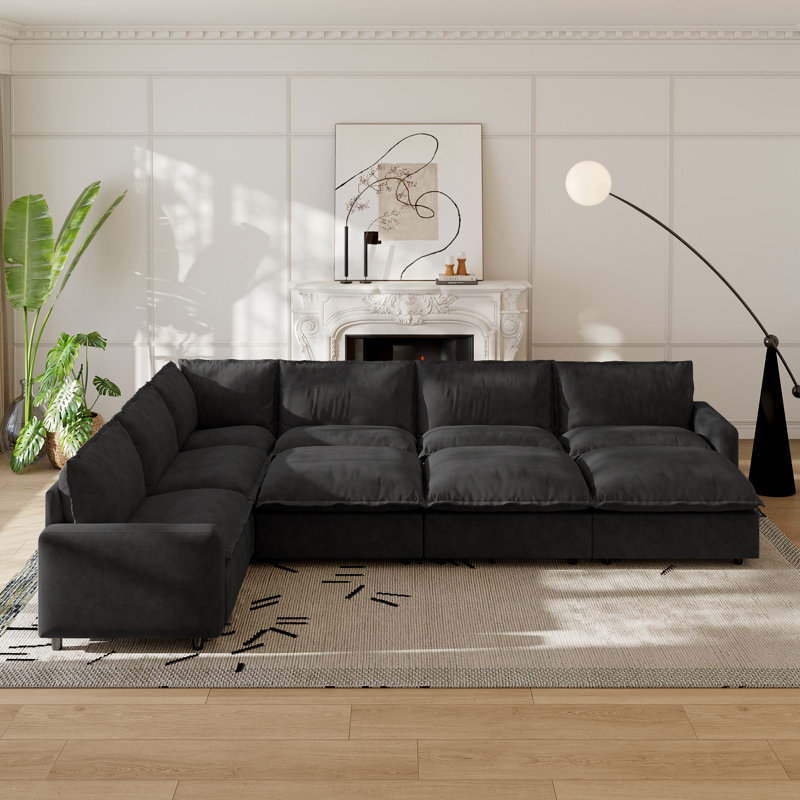 Canapé modulaire rembourré 9 pièces en tissu de lin avec repose-pieds 9 pièces, Lin gris