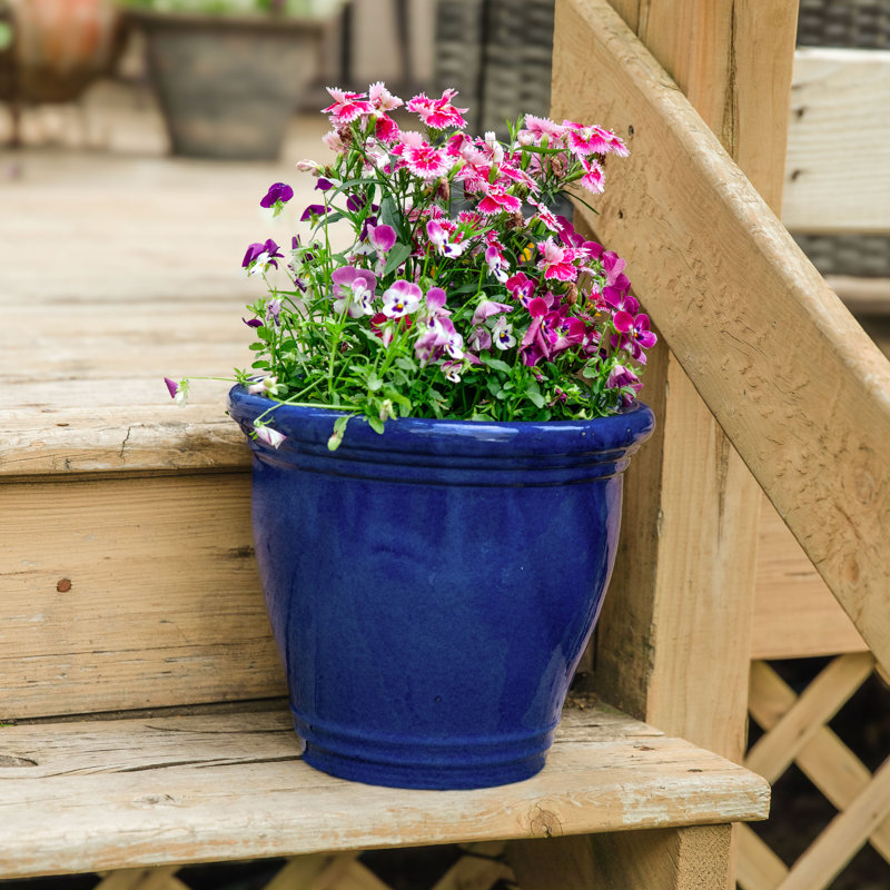 Pot à fleurs extérieur rond en céramique Ailynn, H 10 po x l 12 po x P 12 po, bleu