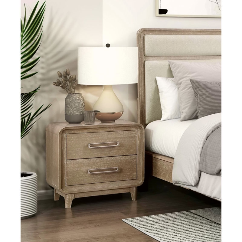 Table de chevet moderne et élégante avec 2 tiroirs de rangement, coins arrondis, meubles de chambre en bois au fini naturel, 1 pièce