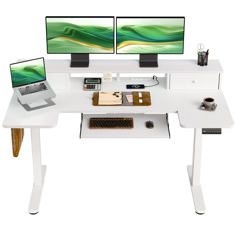 Joyful 55" U Shaped Height Adjustable Desk With Power Outlets & Drawers,Sit Stand Table With Keyboard Tray ＆ Ergonomic Monitor Stand For Home, Office