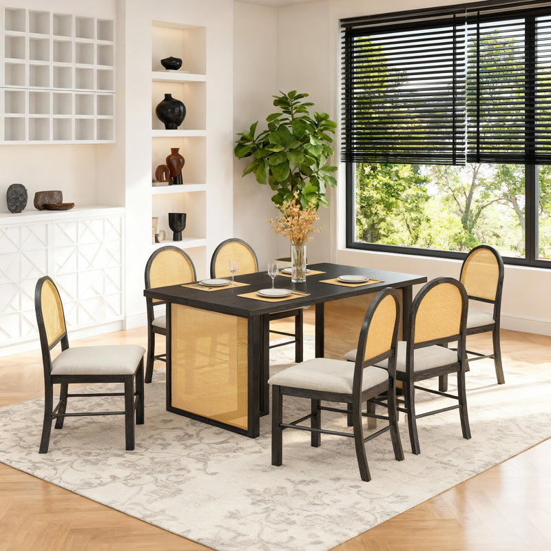 Ensemble de salle à manger de ferme 7 pièces, table rectangulaire avec placage en chêne patiné et chaises en rotin, Noir
