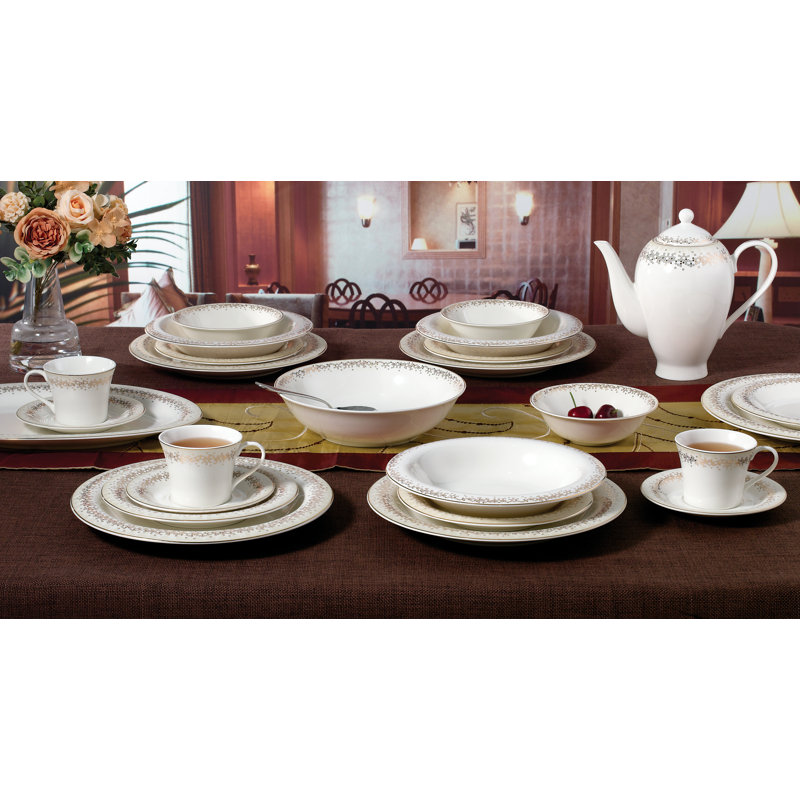 Service de table en porcelaine tendre Lorren Home Trends, blanc avec bordure dorée, collection repas formelle, service pour 8, 57 pièces