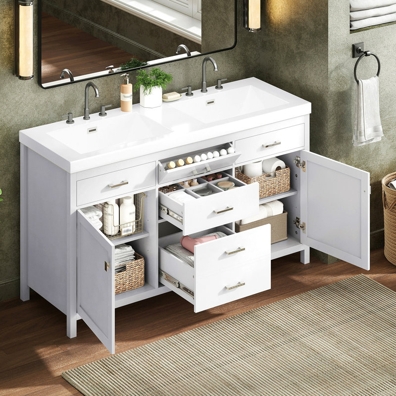 Meuble-lavabo 59,1 po avec lavabo en résine, portes et tiroirs à fermeture en douceur, poignées en métal, tiroir basculant, 2 portes d'armoire, tablette réglable, tiroir avec séparateur amovible, blanc