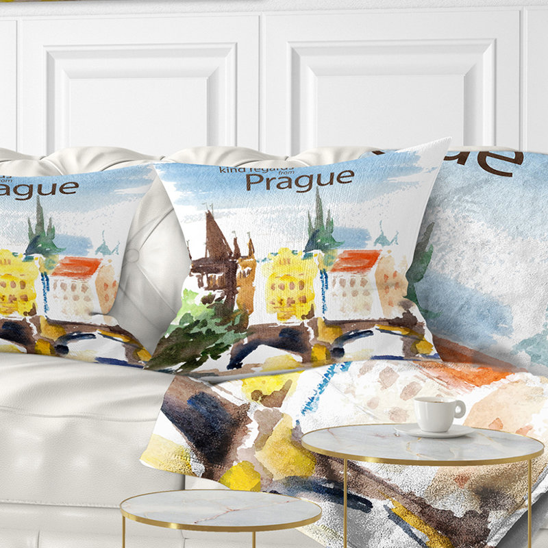 Coussin lombaire City Illustration de la vieille ville de Prague, 16 po x 16 po, Carré