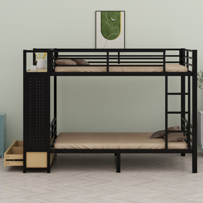 Lit superposé en métal pour les adolescents avec tablettes de rangement, tiroirs et panneau perforé