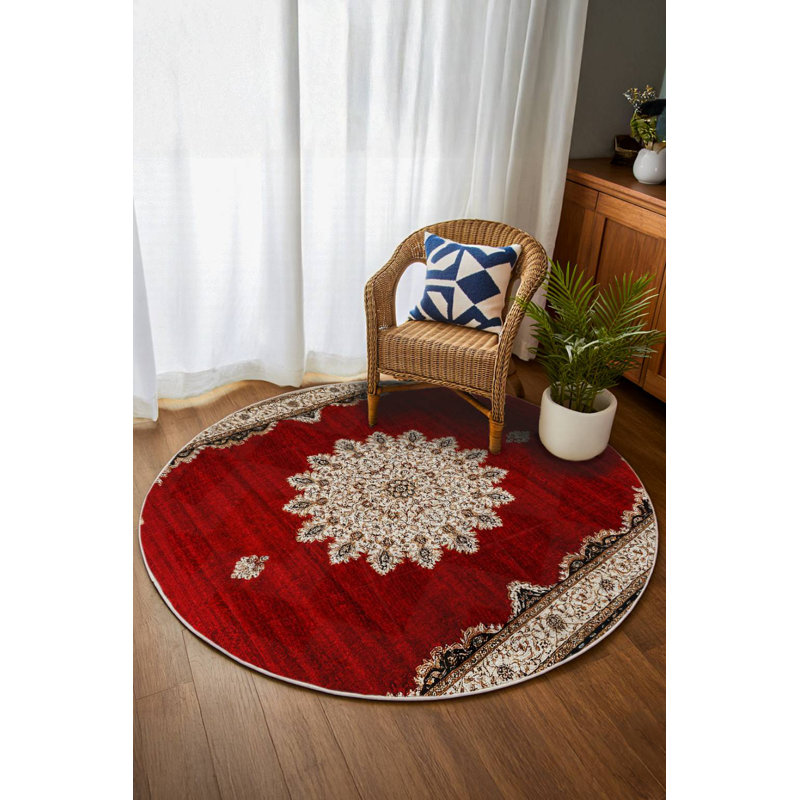 Nouvelle Collection Digital Print Cotton-Polyester Red Moroccan Rug, Round 5'3"